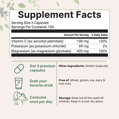 Información nutricional: 3 cápsulas, potasio 99 mg, glicinato de magnesio 420 mg, vitamina C liposoluble 108 mg