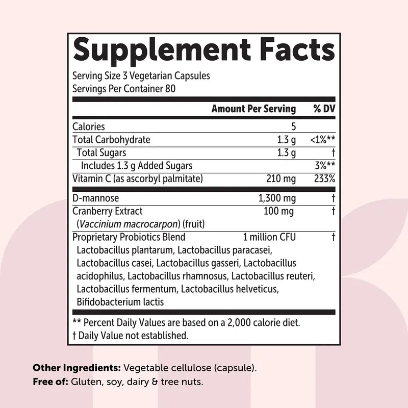 D-mannose supplement facts panel: 1,300mg D-mannose, cranberry extract, vitamin C and probiotics per serving