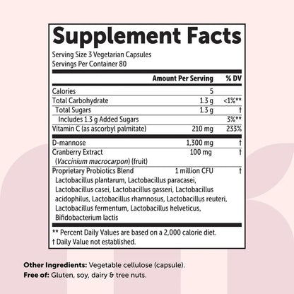 D-mannose supplement facts panel: 1,300mg D-mannose, cranberry extract, vitamin C and probiotics per serving