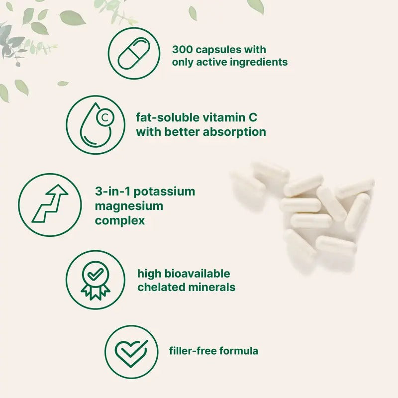 Potassium magnesium capsules with feature icons: 300 capsules, fat-soluble vitamin C, 3-in-1 complex, chelated minerals, filler-free
