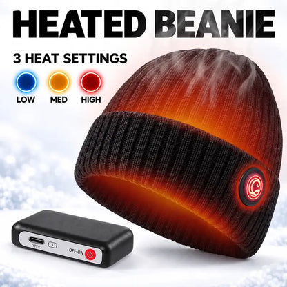 Black ribbed heated beanie with glowing heat ring and battery pack, 3 heat settings Low Med High