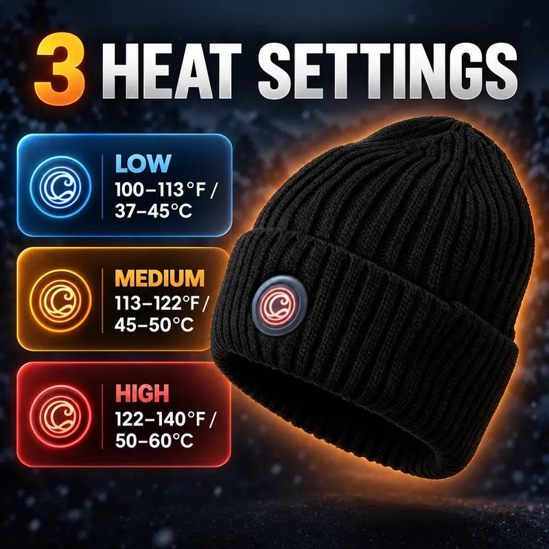 Heated beanie with three heat settings: Low 100-113°F, Medium 113-122°F, High 122-140°F