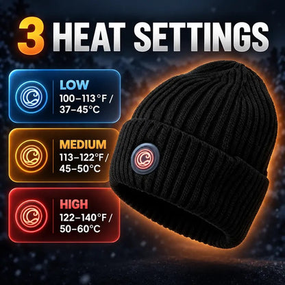 Heated beanie with three heat settings: Low 100-113°F, Medium 113-122°F, High 122-140°F