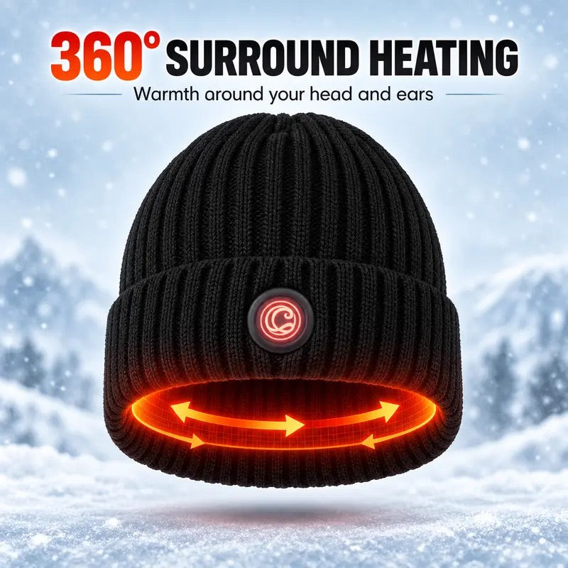 Black heated beanie with 360° surround heating ring around the head and ears