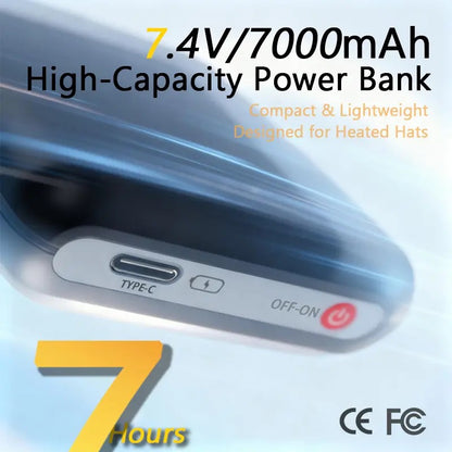 7.4V 7000mAh rechargeable battery pack with Type-C port and power button, up to 7 hours