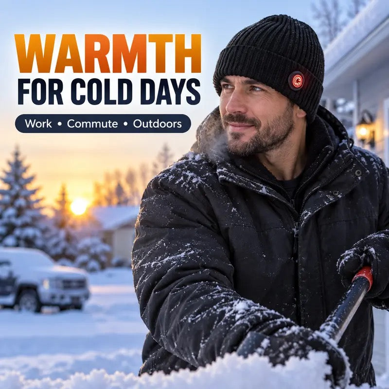 Man wearing the black heated beanie while shoveling snow at sunrise