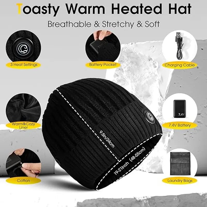 Heated beanie features: 3 heat settings, battery pocket, charging cable, 7.4V battery, warm liner, laundry bag, size 19-21 inches