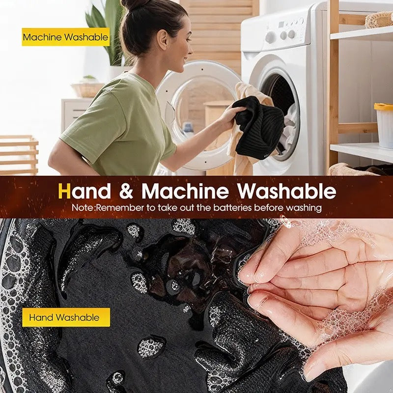 Heated beanie being loaded into a washing machine and hand washed, hand and machine washable