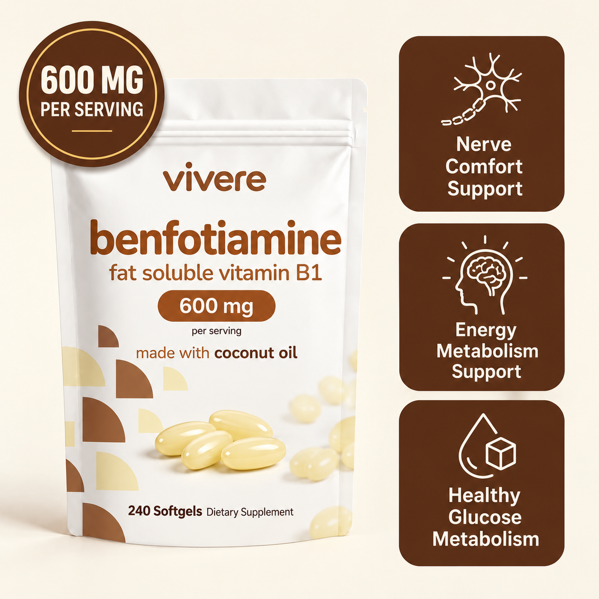 Vivere Benfotiamine 600mg product and key support benefits