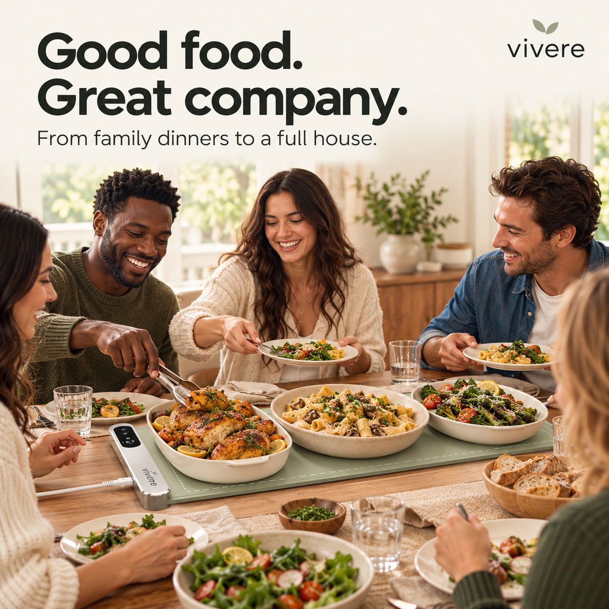 Friends sharing a meal around a Vivere warming mat