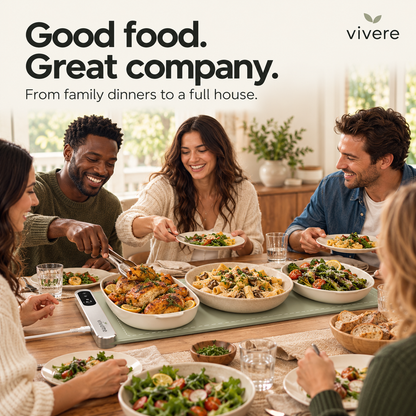 Friends sharing a meal around a Vivere warming mat