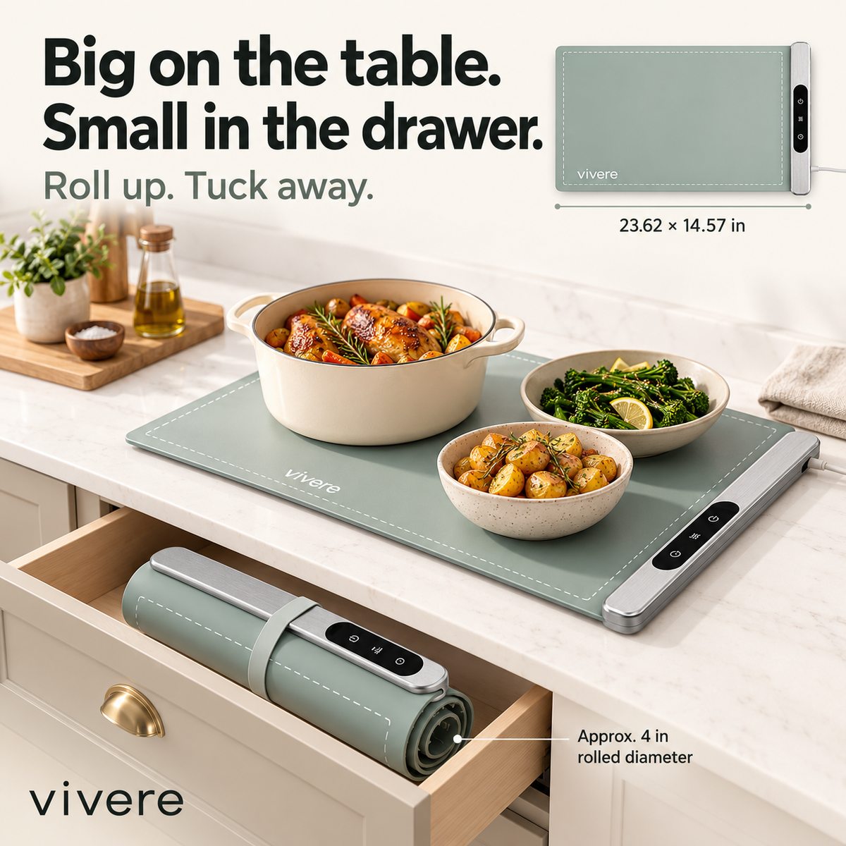 Vivere warming mat rolled up for drawer storage