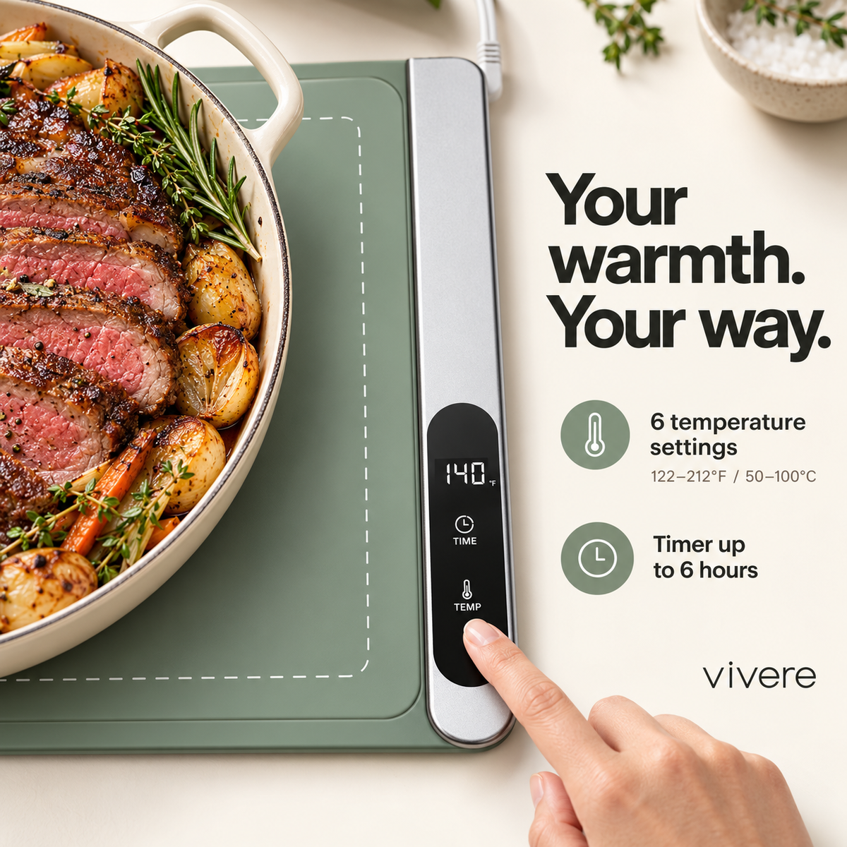 Vivere warming mat temperature and timer controls